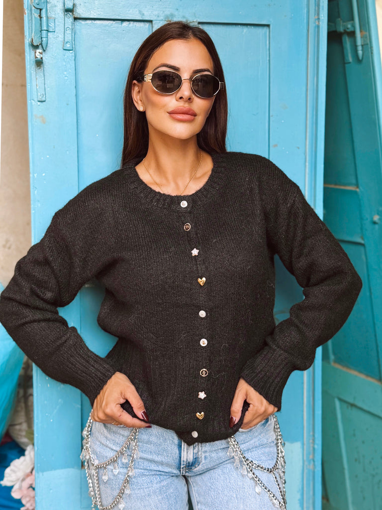 Bijou Novelty Button Cardigan - Black