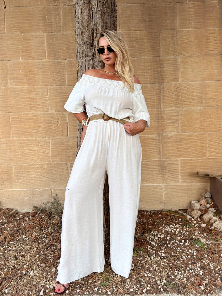 White Off Shoulder Jumpsuit