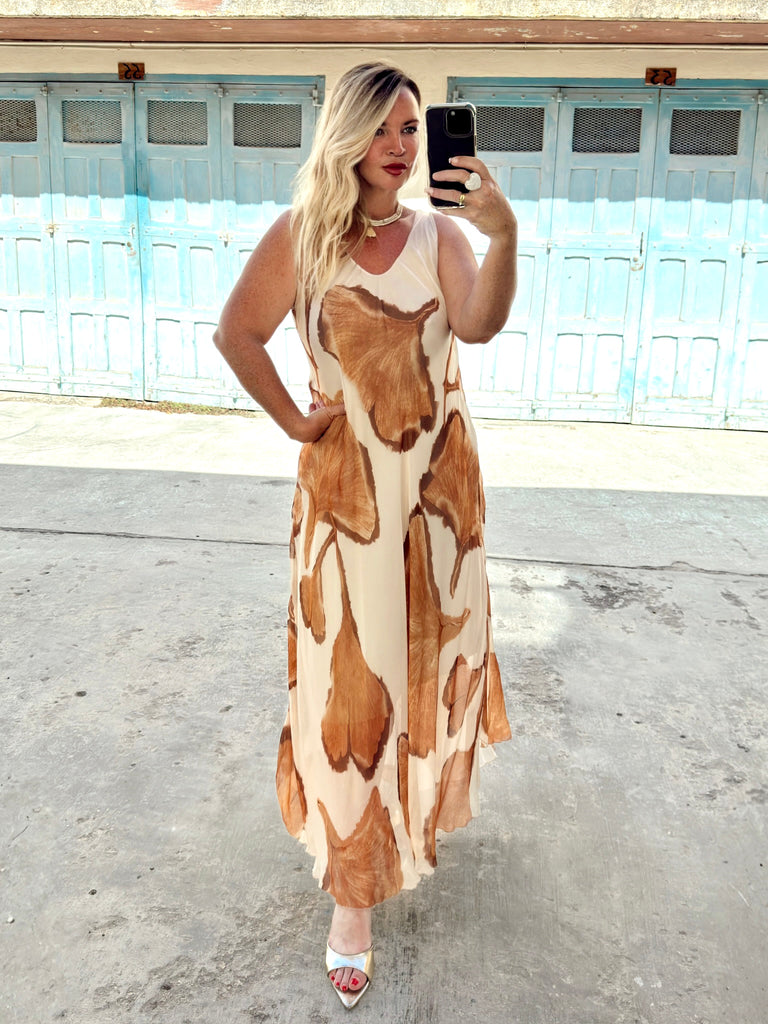 Caramel Silk Water Colour Dress
