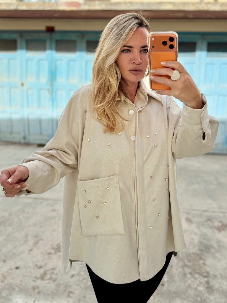 Ivory Suede Shacket with Rose Diamond embellishment