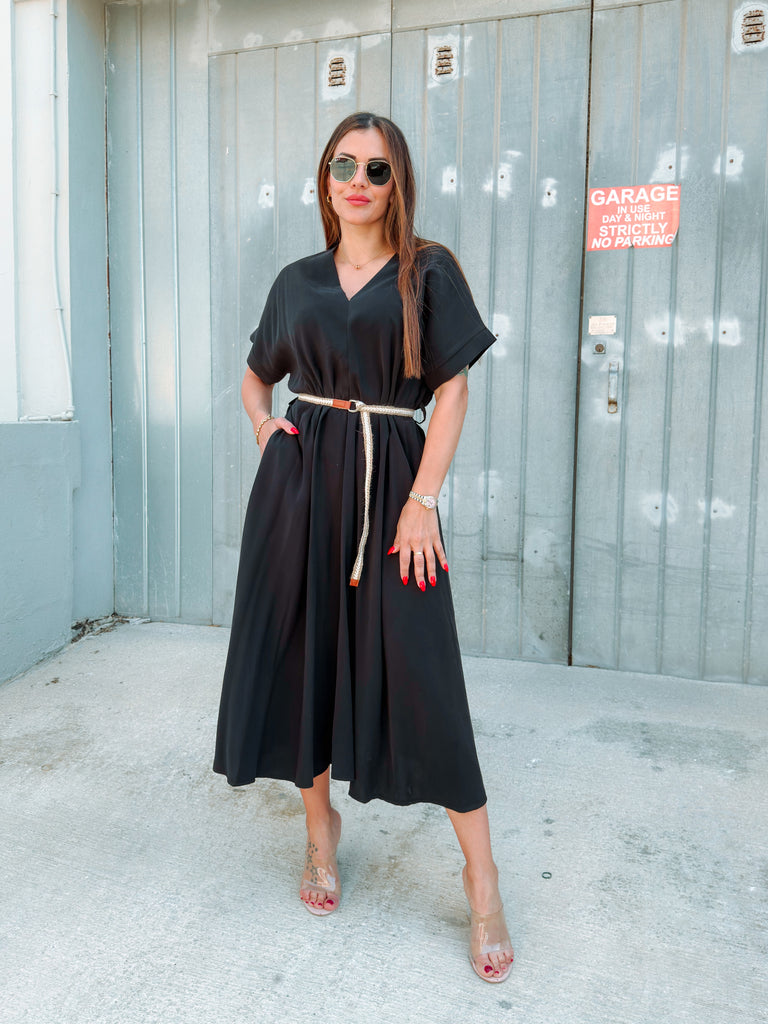 Black V Midi Belted Dress