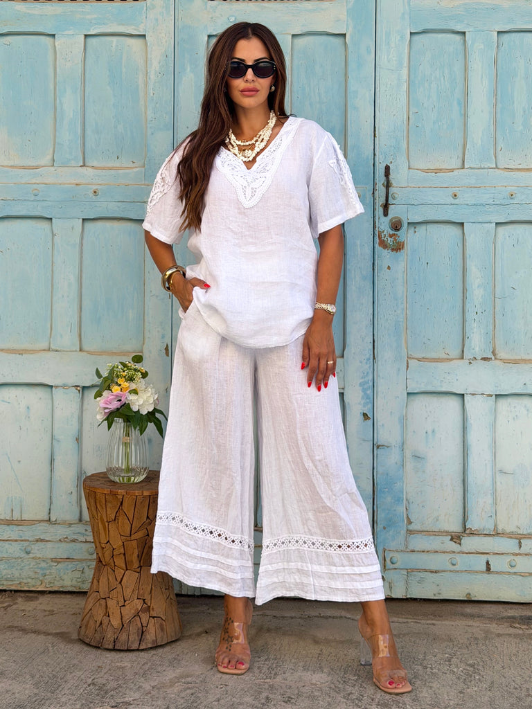 White Crochet Pure Linen Co-Ord Set
