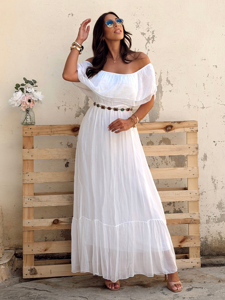 Élodie Pure Silk Bardot Maxi Dress