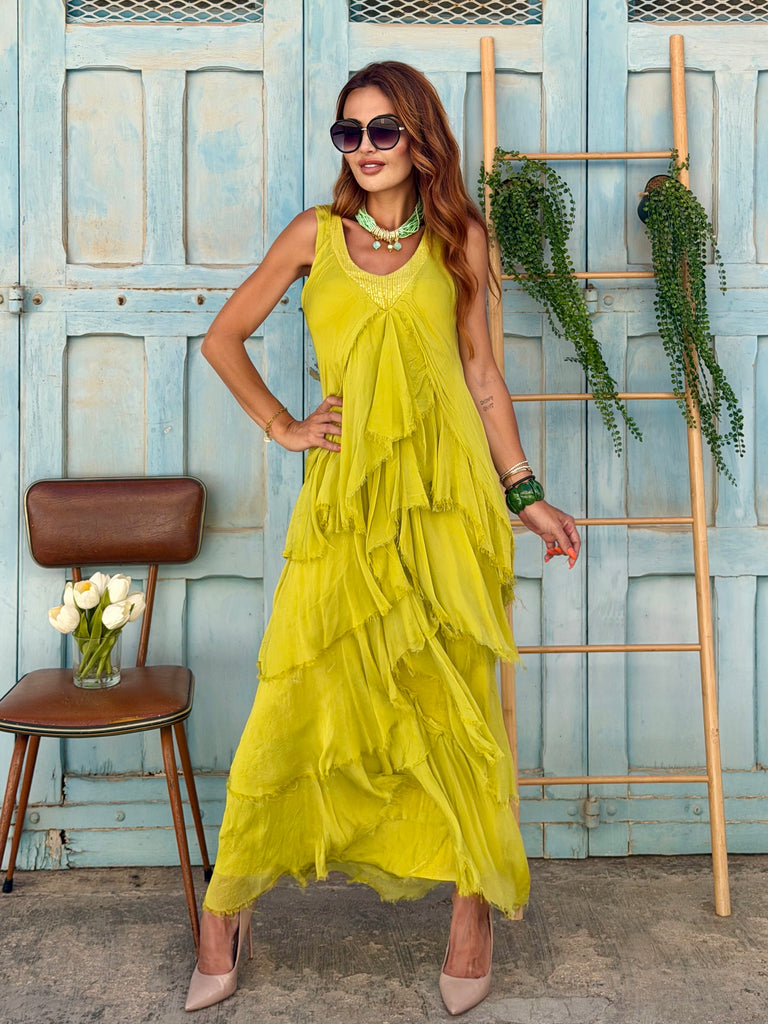 Limoncello Pure Silk Ruffle Dress