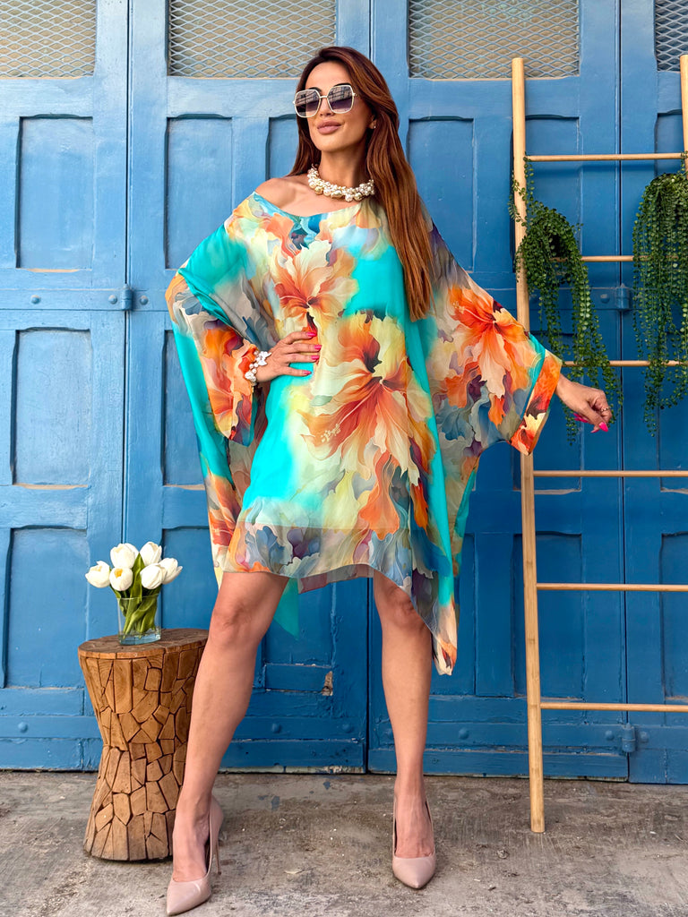 Dolce Acquerello Silk Kaftan Dress - Acqua
