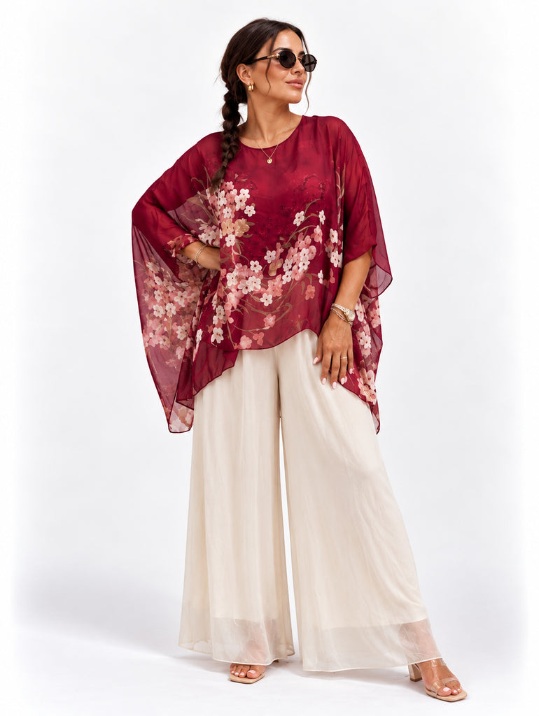 Bordeaux Cherry Blossom Pure Silk Set
