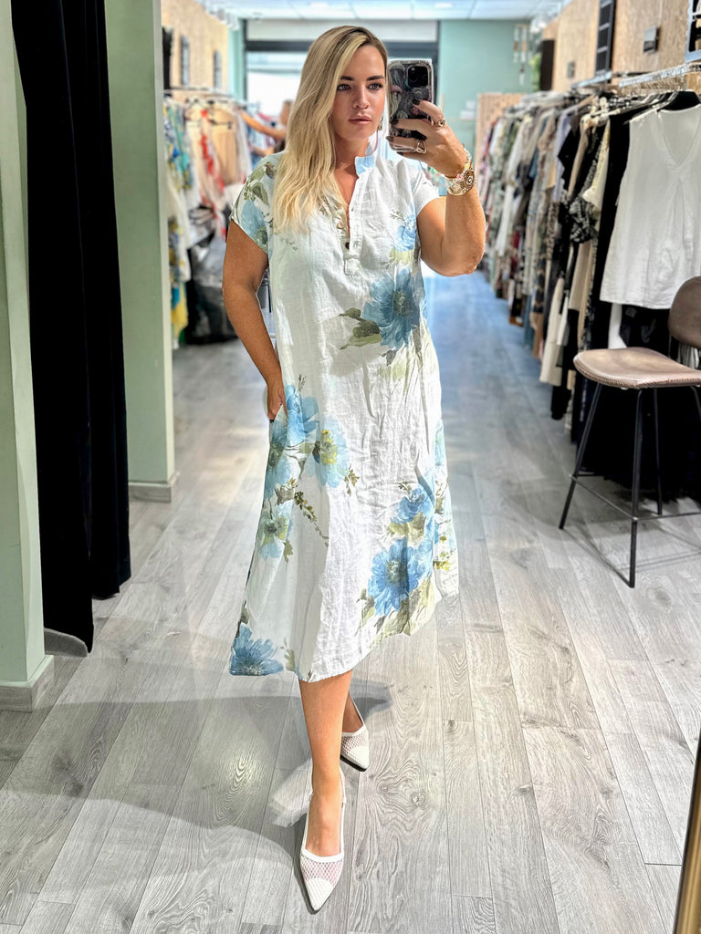White Floral Pure Linen Dress