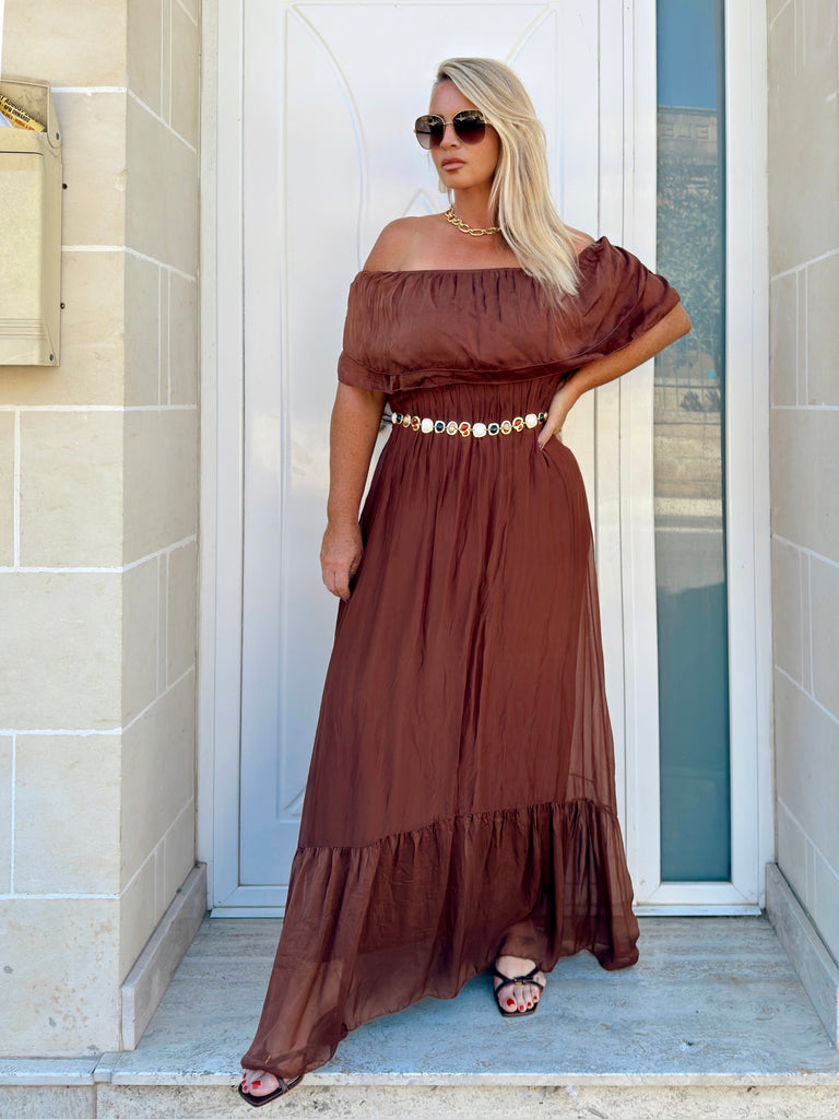 Mocha Off Shoulder Silk Dress