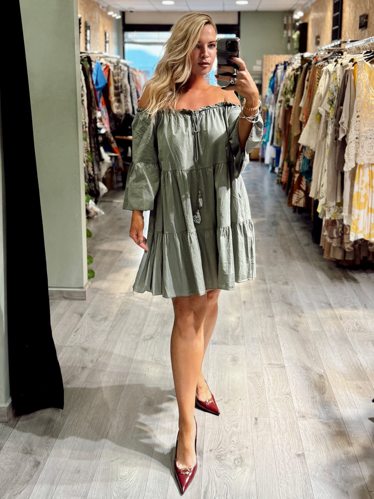 Khaki Off Shoulder Loose Dress