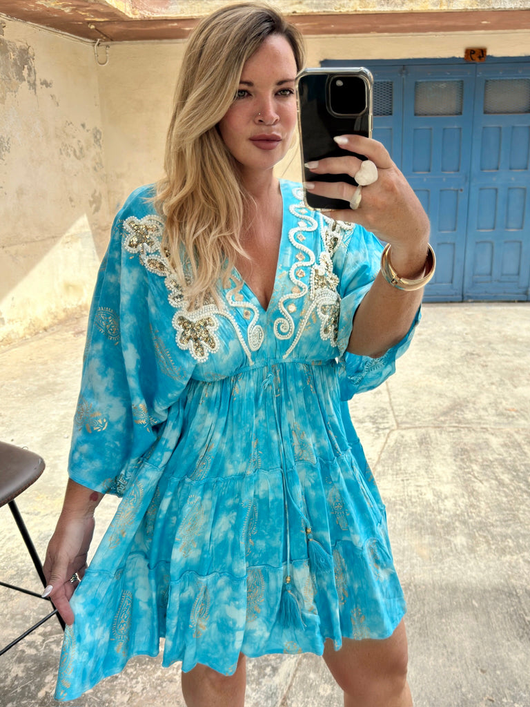 Turquoise and Gold Mini Boho Dress
