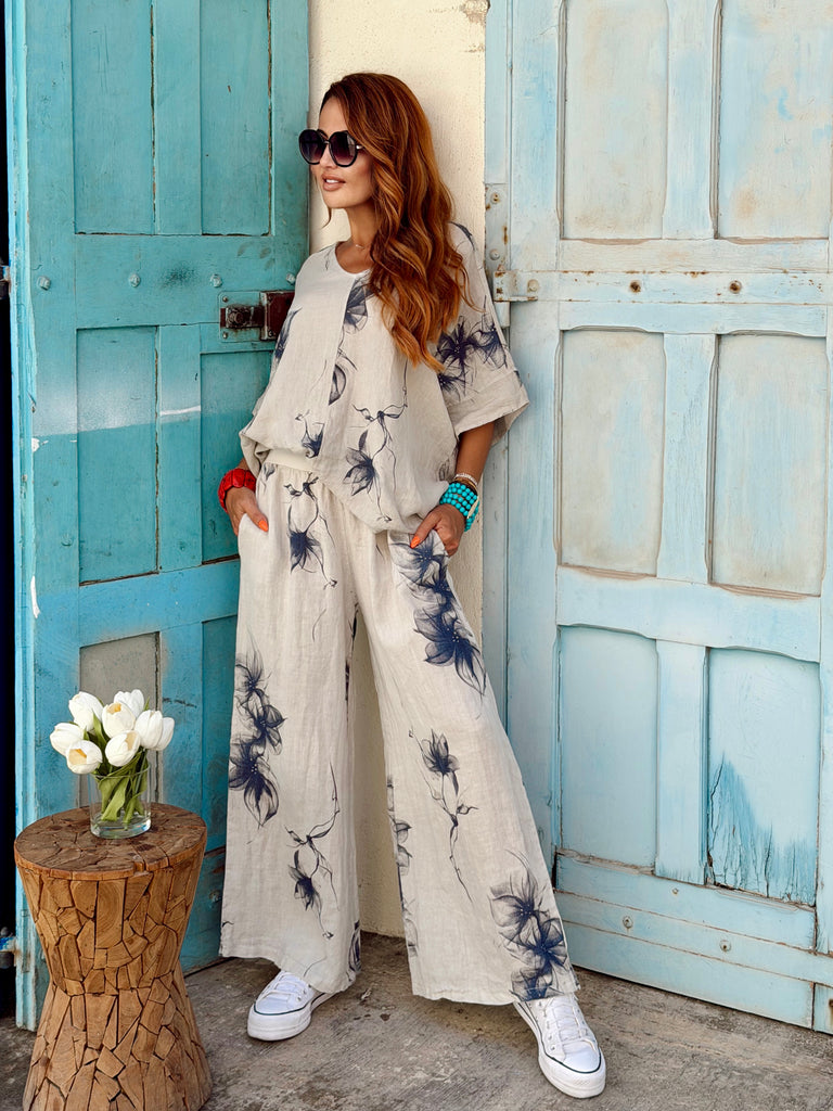 Élodie Luxe Pure Linen Co-ord - Beige & Navy