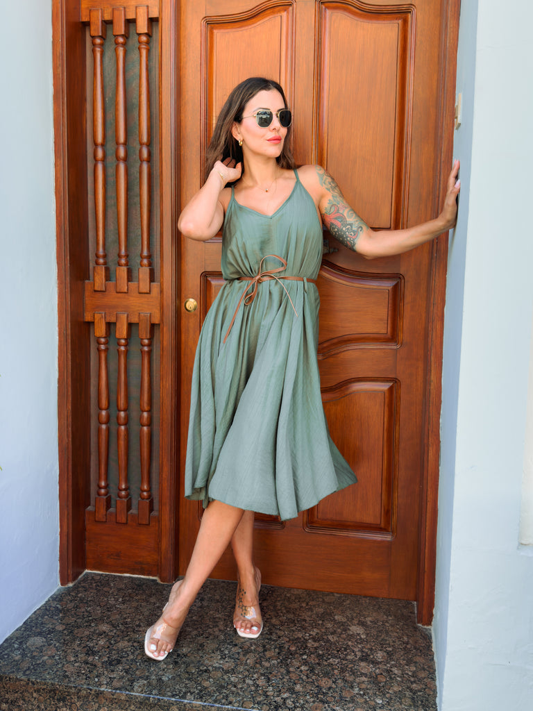 Olive Strappy Midi Dress
