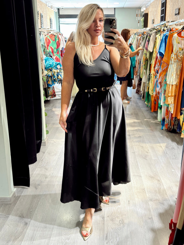 Black Silky Satin Strappy Dress
