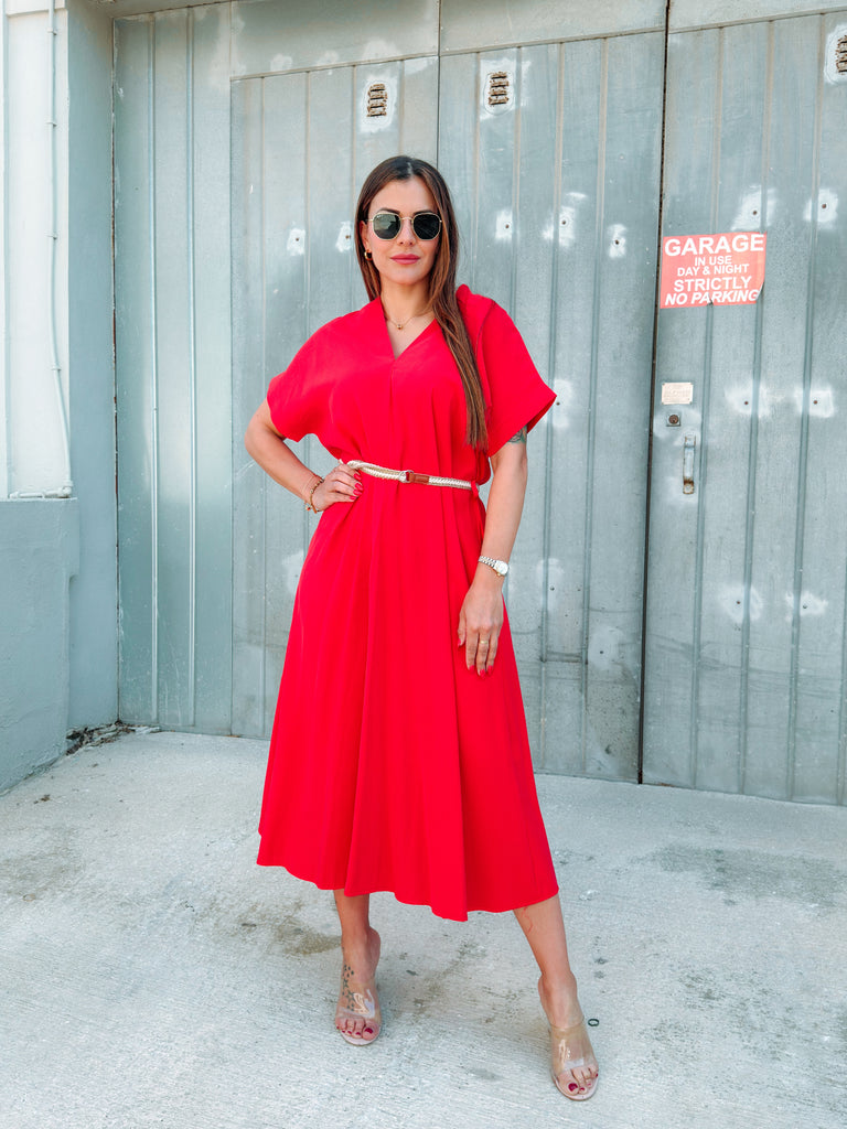 Red V Midi Belted Dress