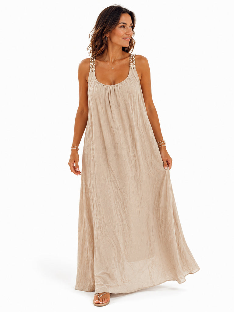 The Isadora Pure Silk Sequins Strap Maxi - Beige