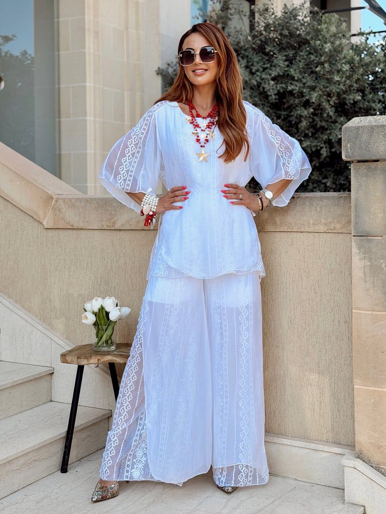 Santorini Moonlight Silk & Lace Palazzo Set