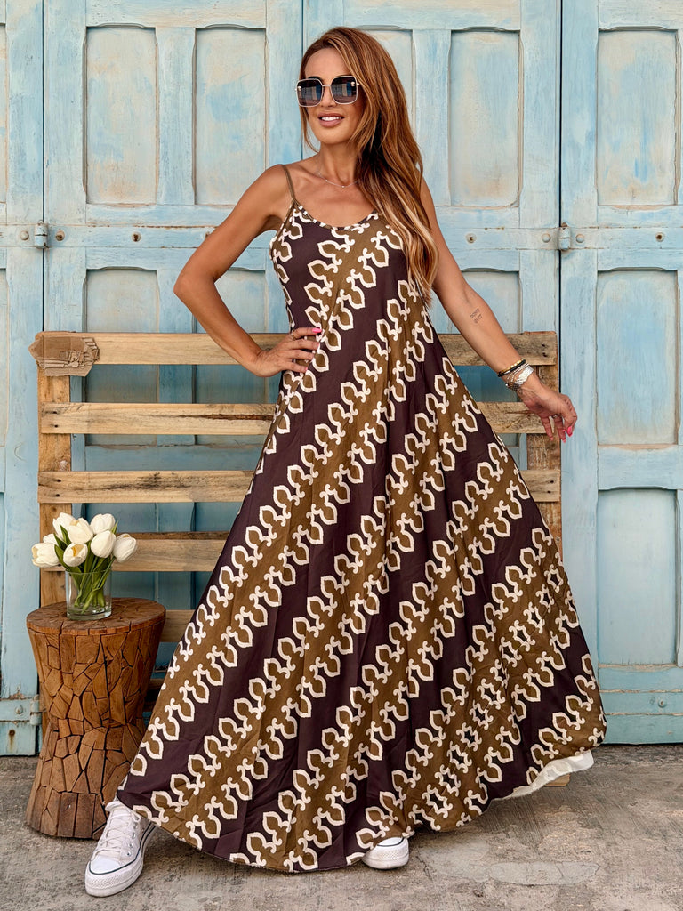 Mocha and Gold Mosaic Satin Maxi Dress