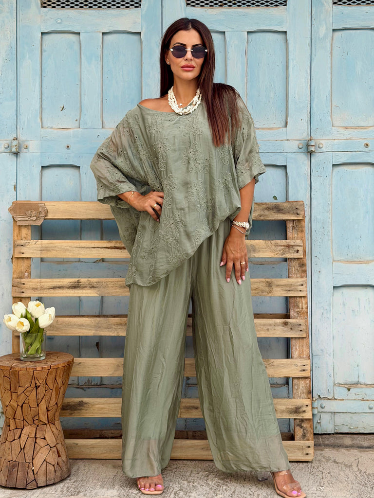 Celeste Pure Silk Embroidered Co-ord – Sage