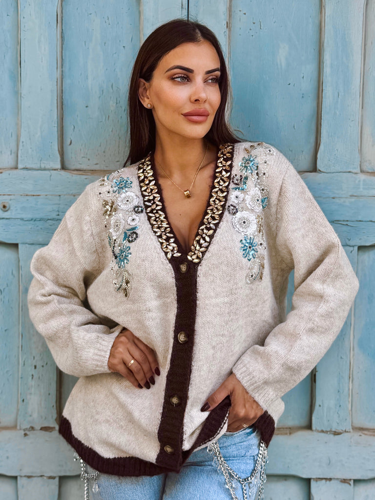 Violette Embellished Floral Cardigan - Beige