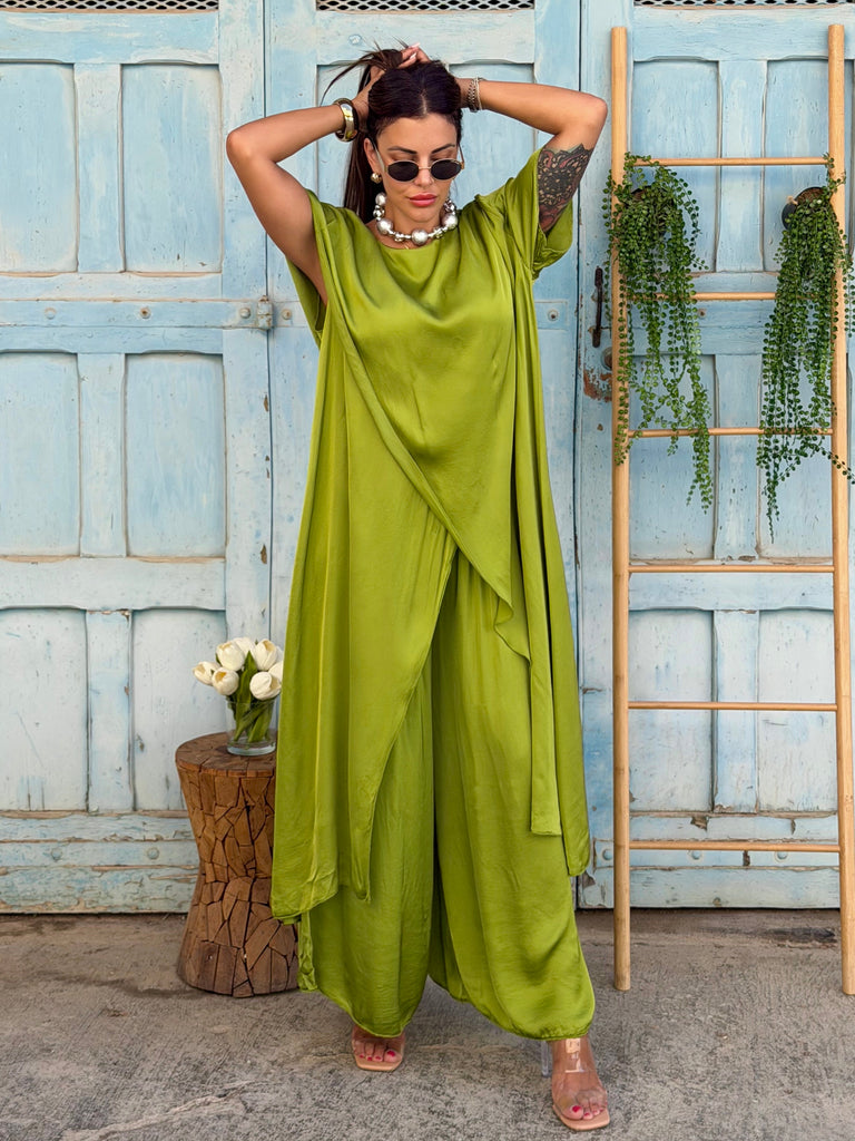 Verde Lime Cascade Silk Satin Co-Ord Set