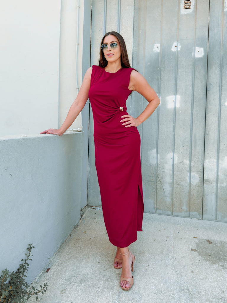 Cherry Red Icon Gold Clasp Midi Dress