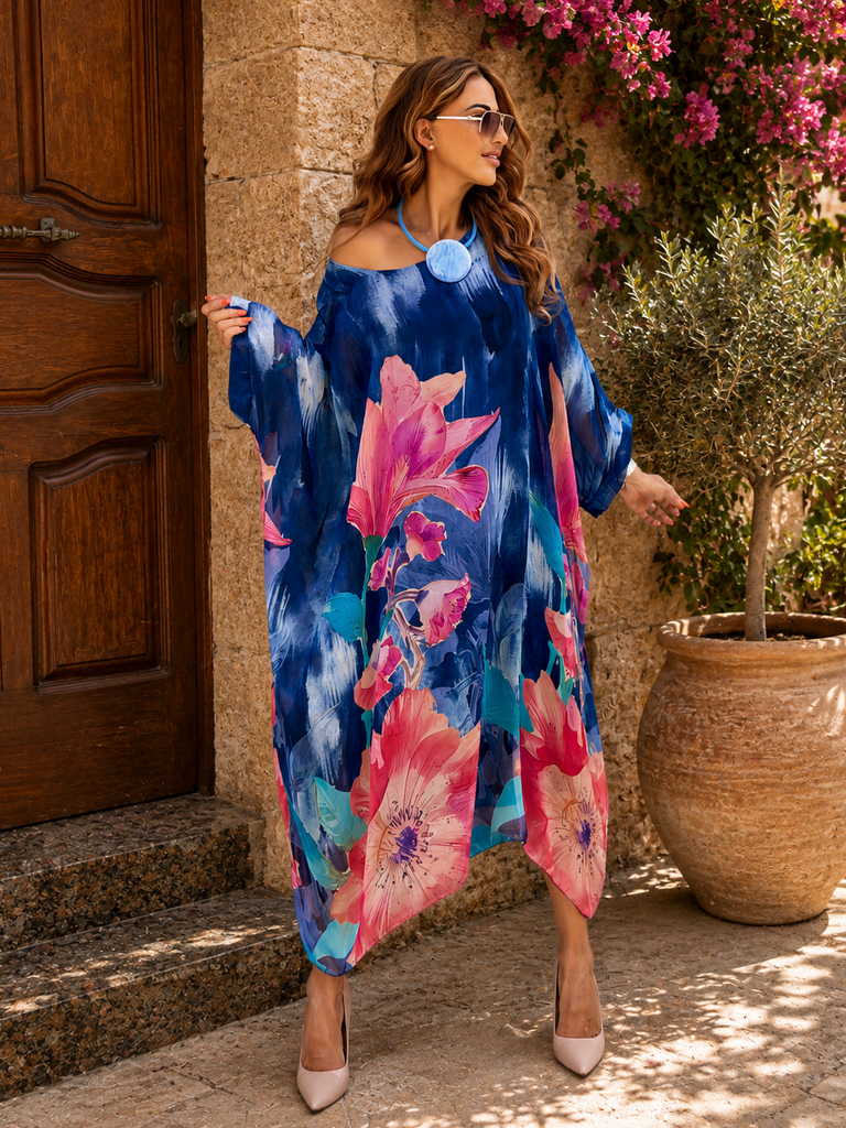 Cobalt Hibiscus Pure Silk Kaftan Dress