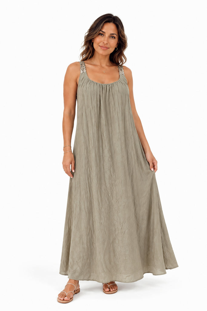 The Isadora Pure Silk sequins Strap Maxi - Taupe