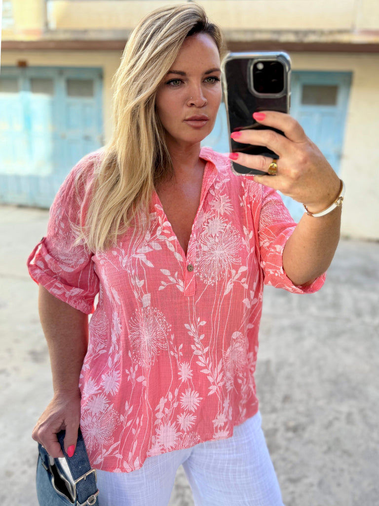 Peach Floral Cotton Linen Top
