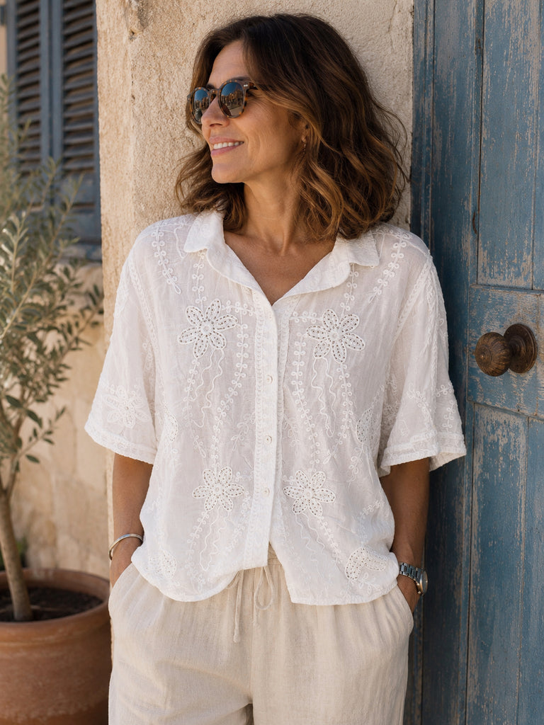 Capri Bloom Embroidered Cotton Shirt