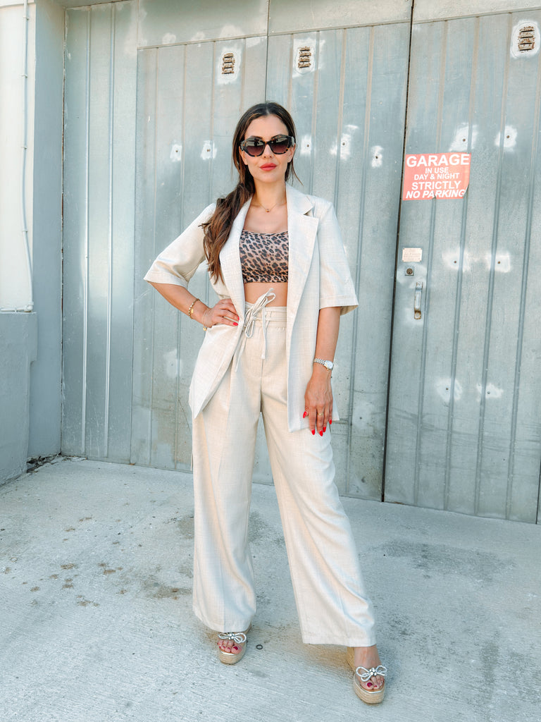 Stone Linen Blend Suit Set