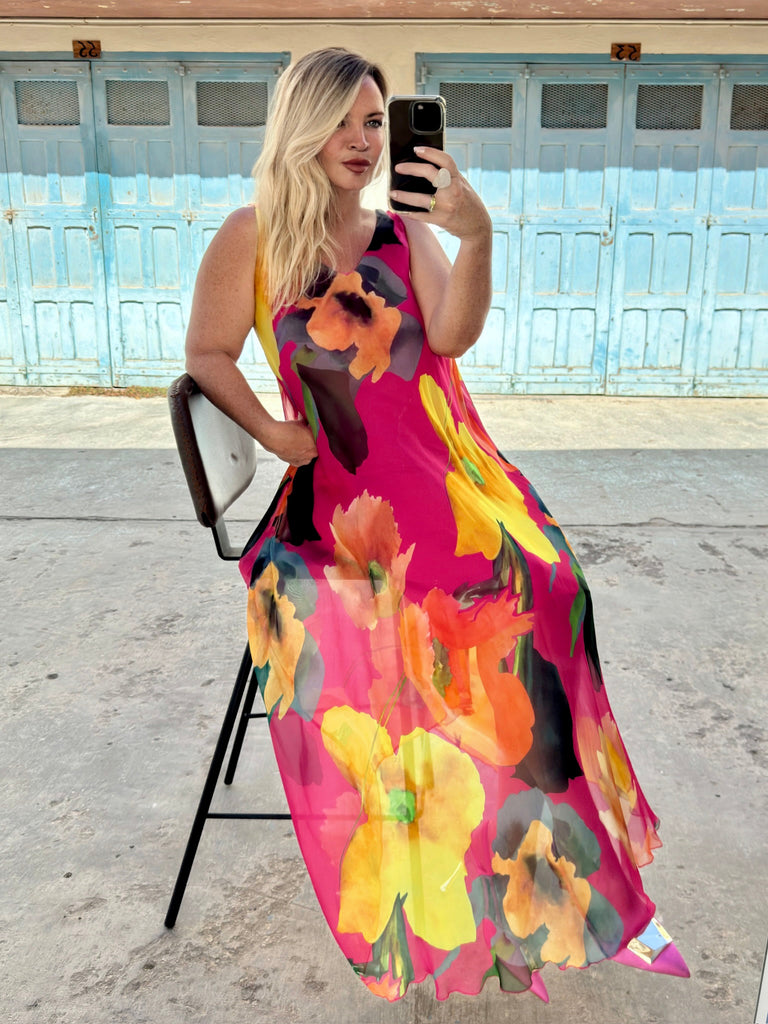 Fucshia Silk Water colour Dress