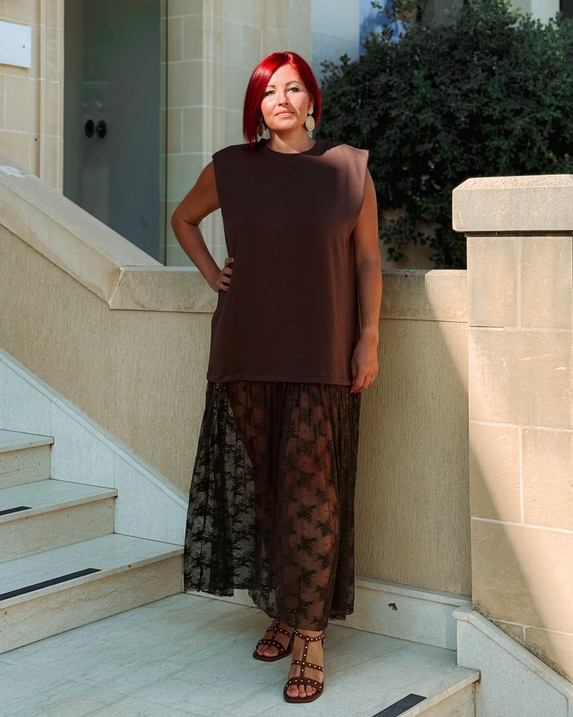 Mocha Sleeveless Lace T Shirt Dress￼