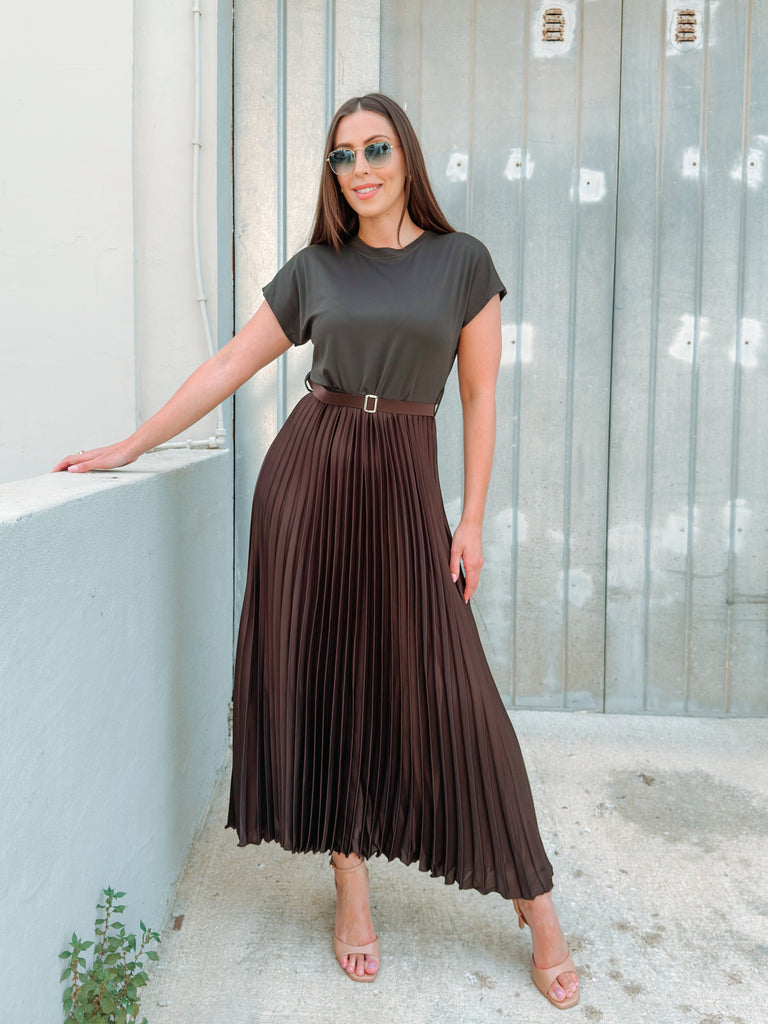 Mocha Pleated T Shirt Dress