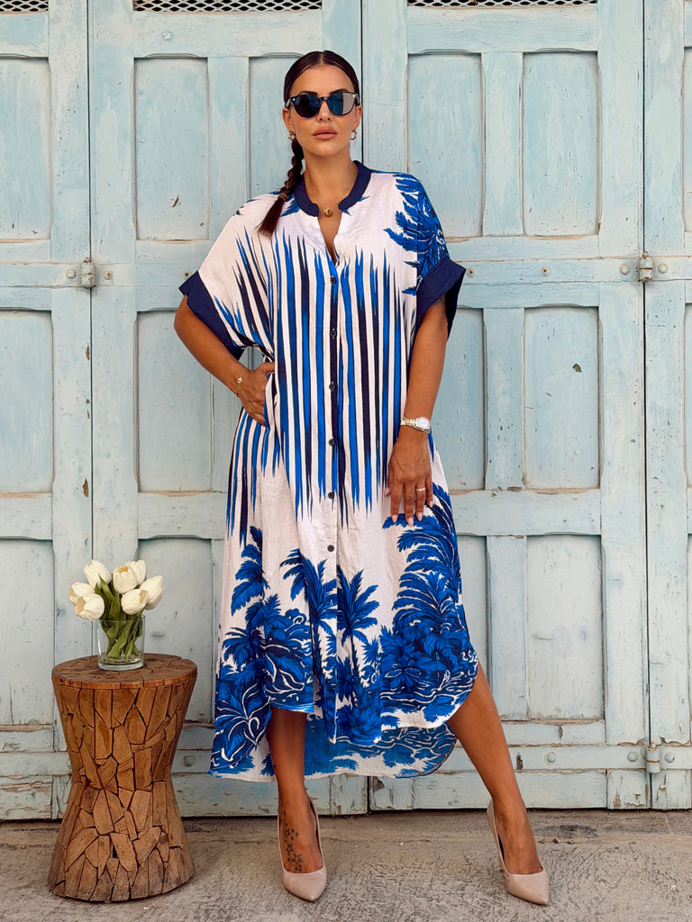 The Azure Palms Viscose Shirt Dress - Love my Body