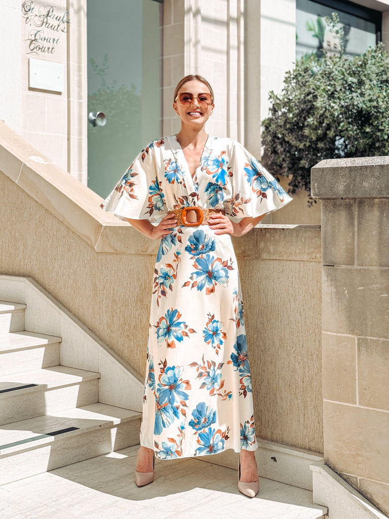 Turquoise Bloom Satin Maxi Dress