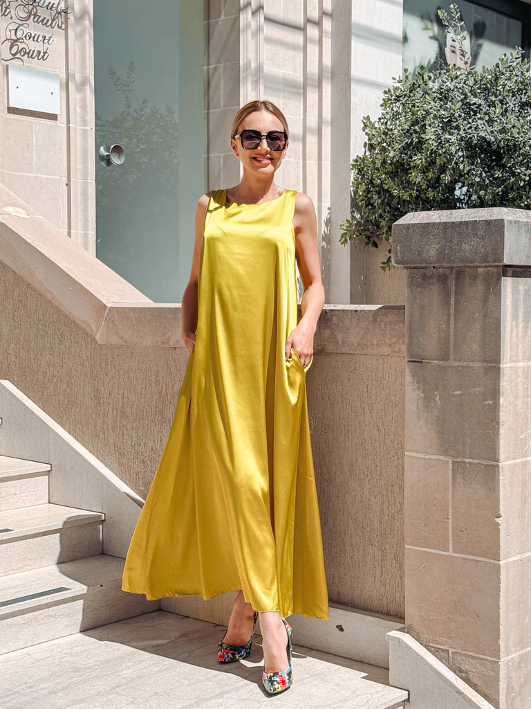 Golden Luxe Satin Shift Dress