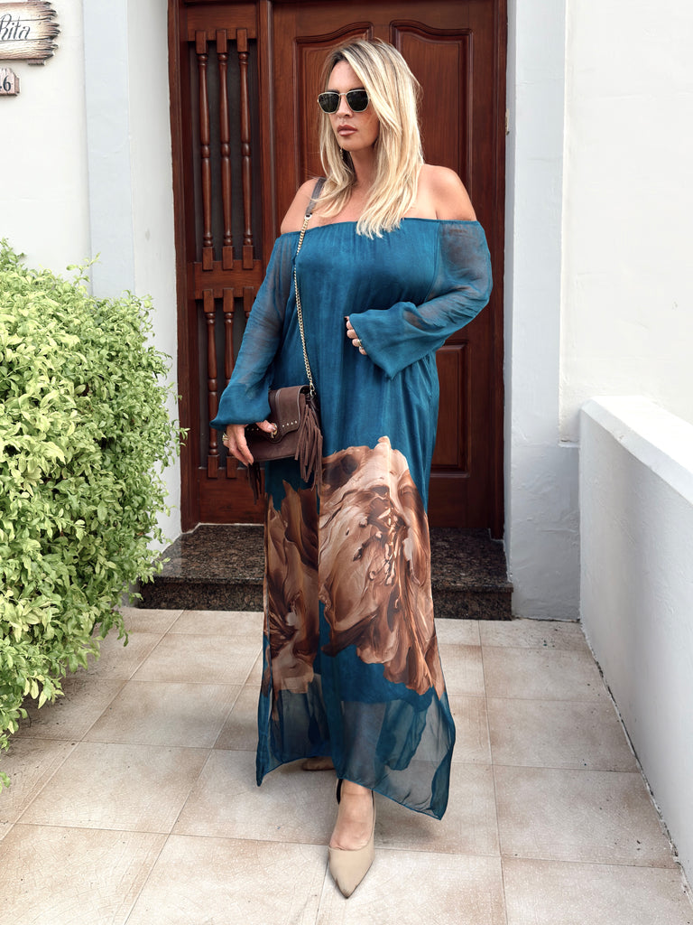 Petrol Petal Silk Dress