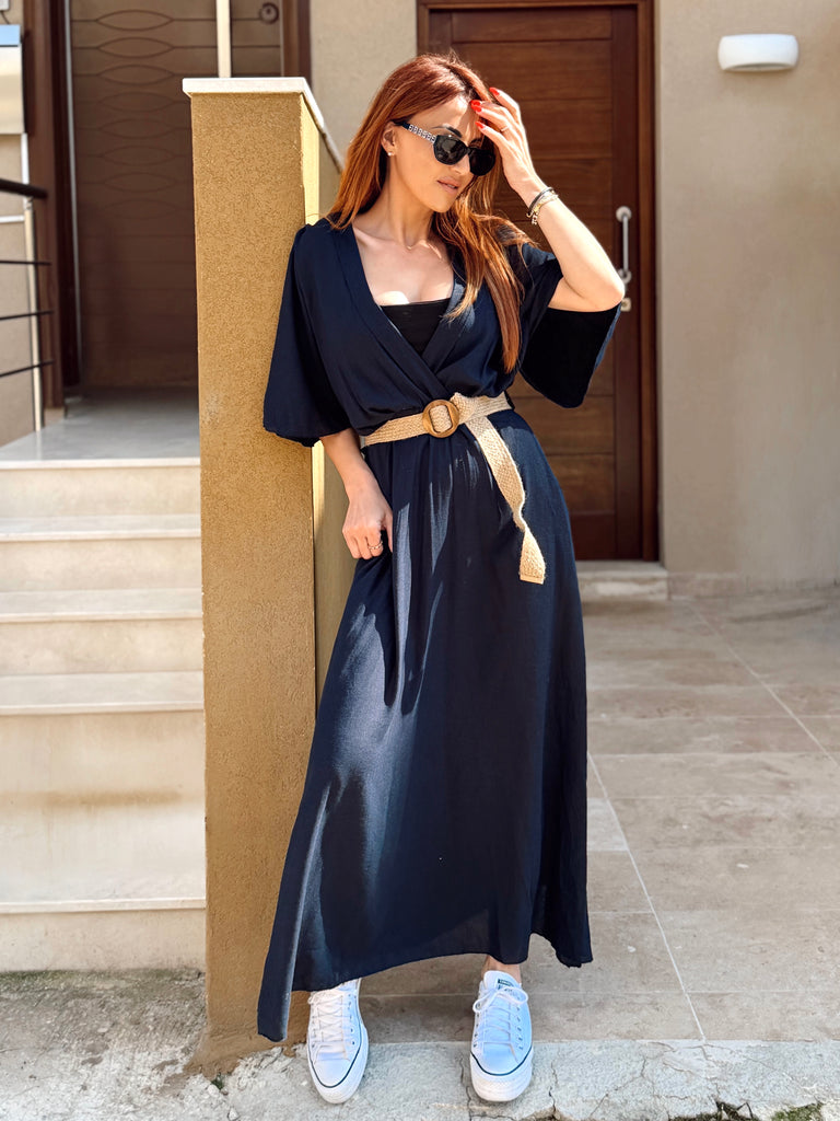 Navy Verona Linen Blend Belted Dress