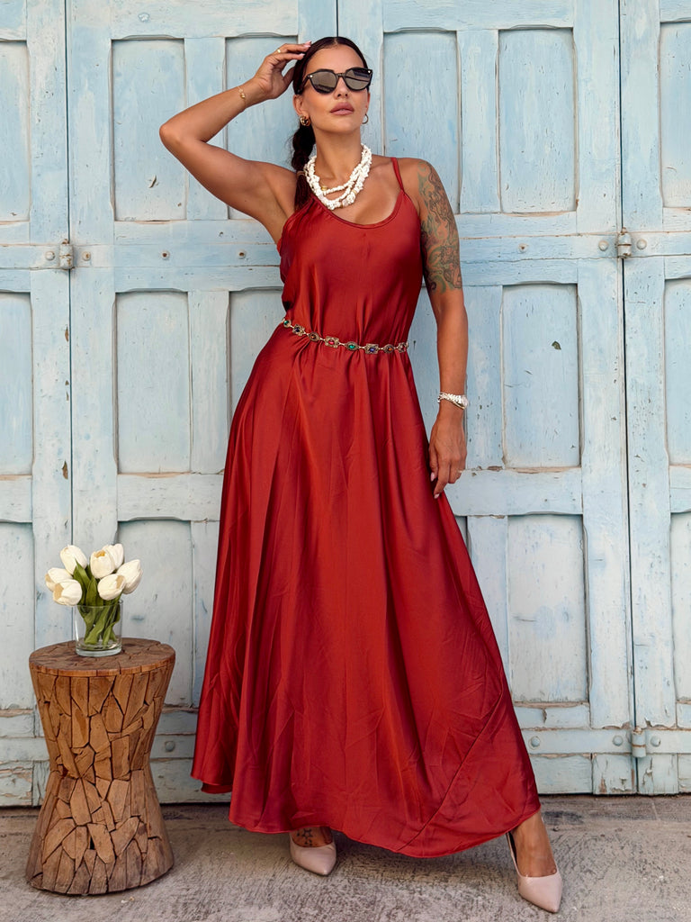The Valentina Silky Satin Maxi Dress - Red Orange