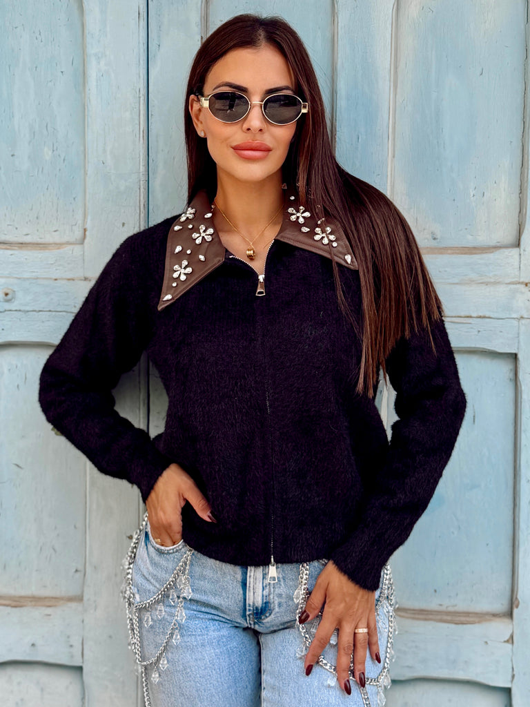Cléa Jewel Leather Collar Knit Cardigan - Black
