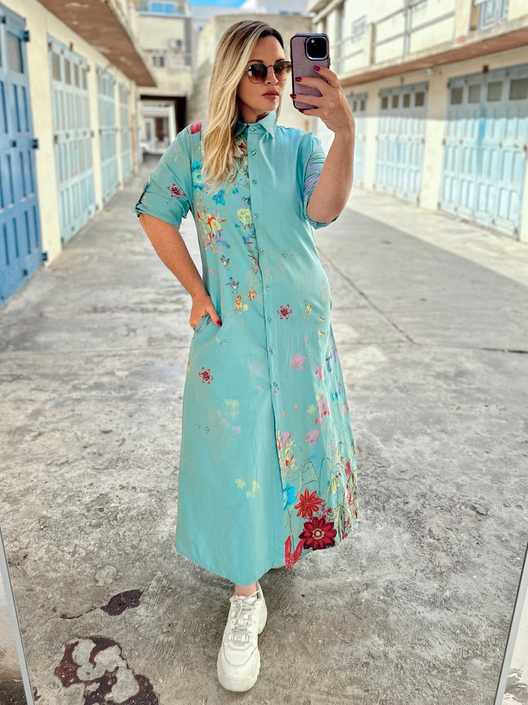 Teal Hand Painted Shirt Dress