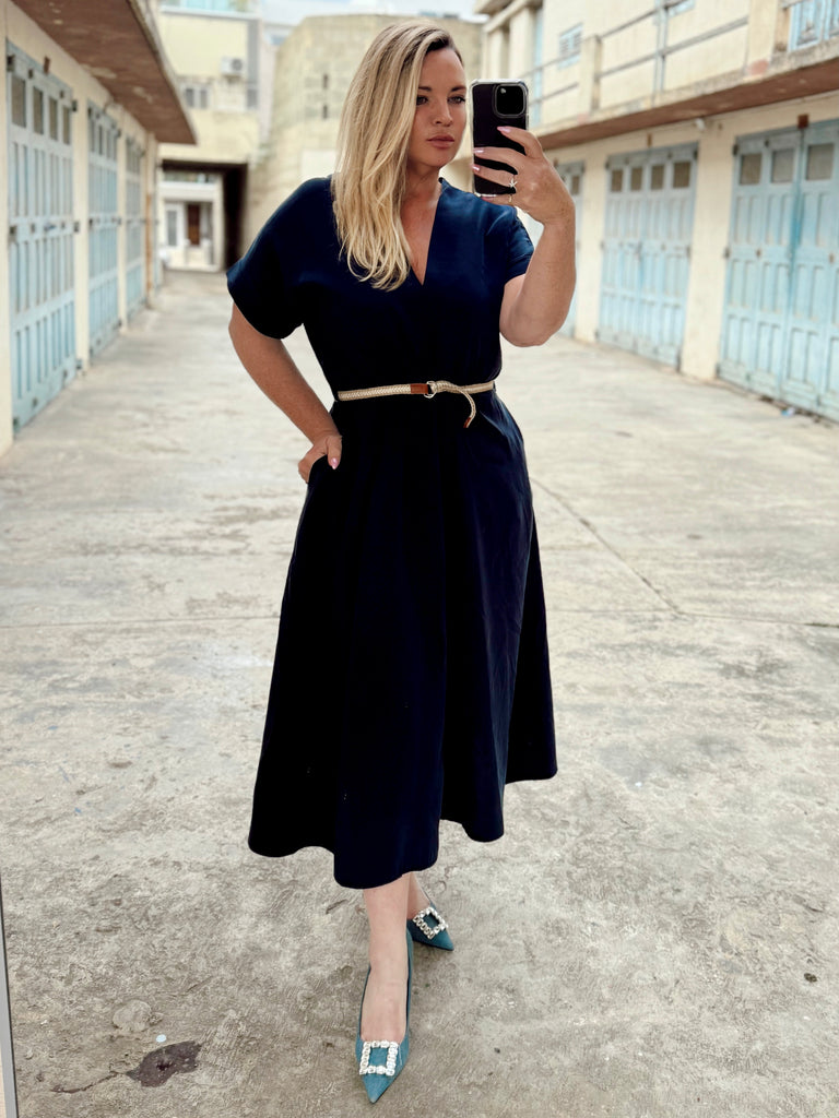 Navy Midi Belted Dress