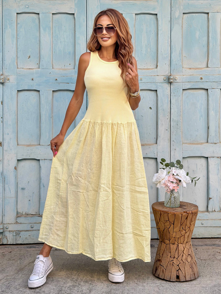 Riviera Linen Fusion Maxi Dress - Butter yellow