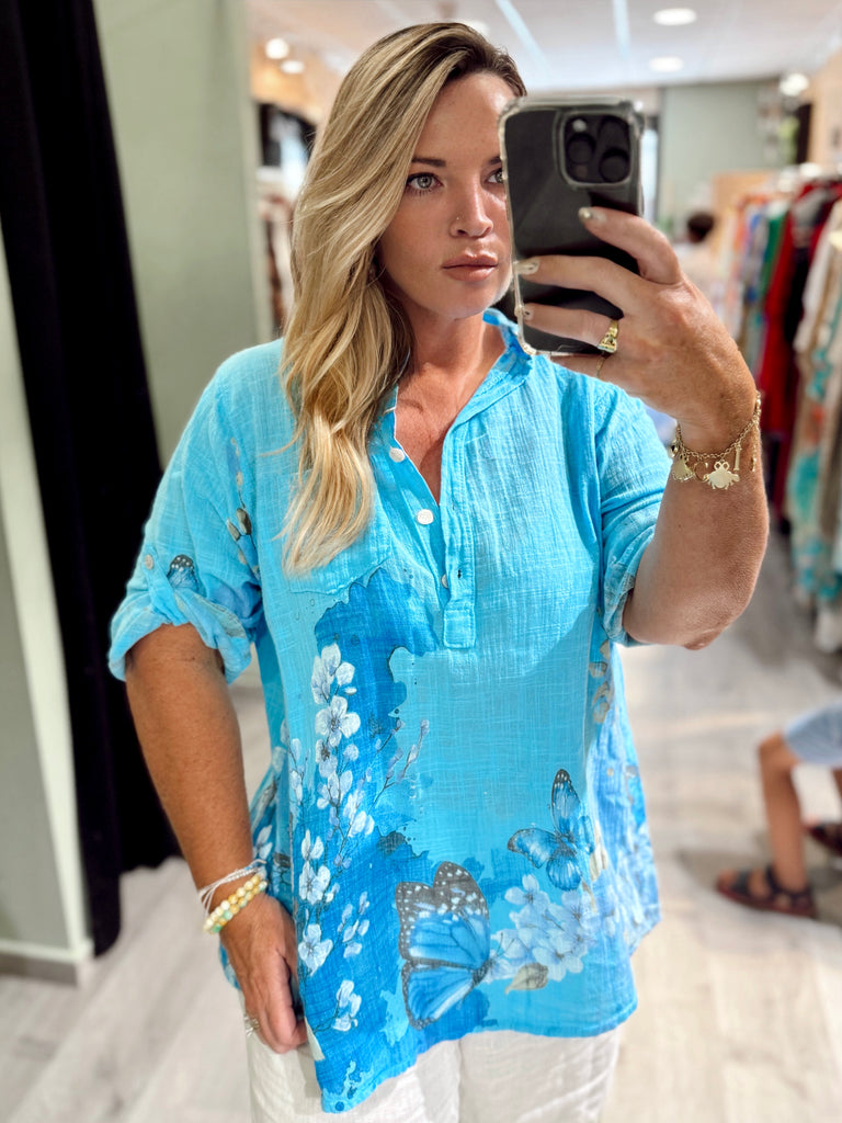 Turquoise Butterfly Cotton Linen Shirt