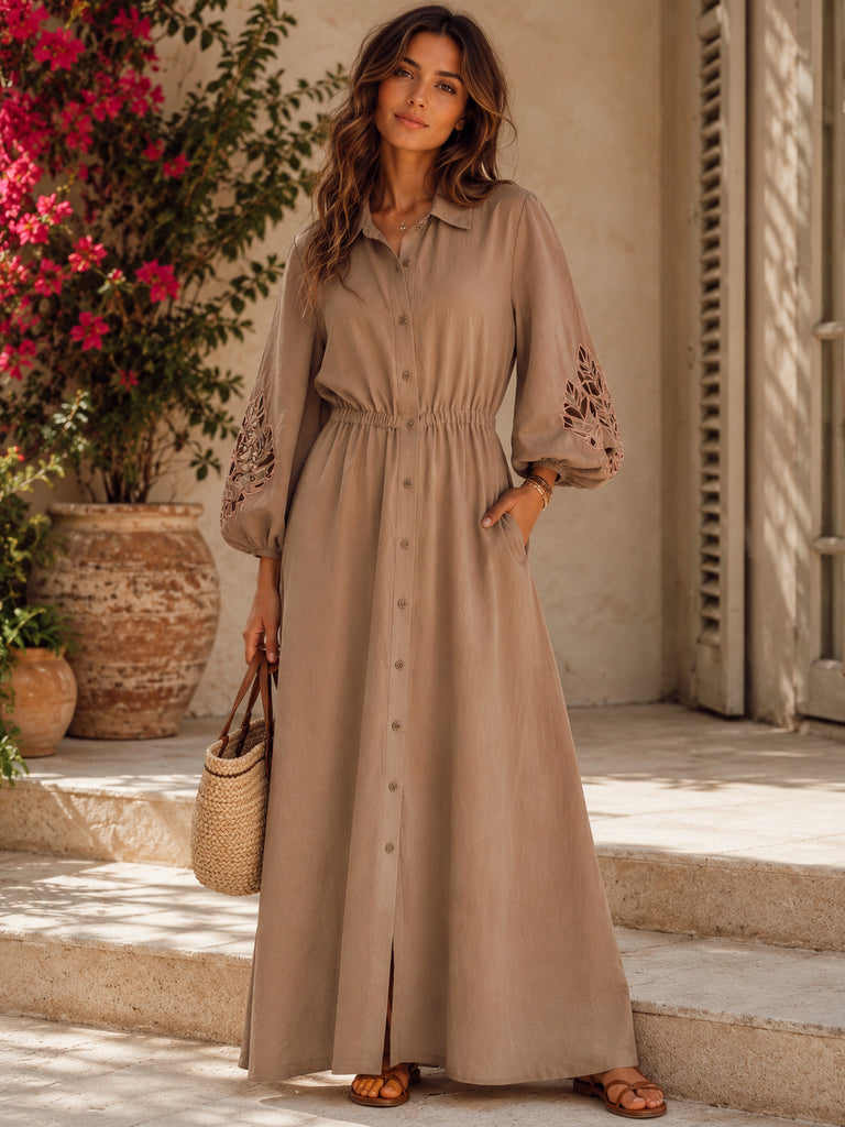 The Margaux Mocha Broderie Maxi Shirt Dress - Bougie Collection