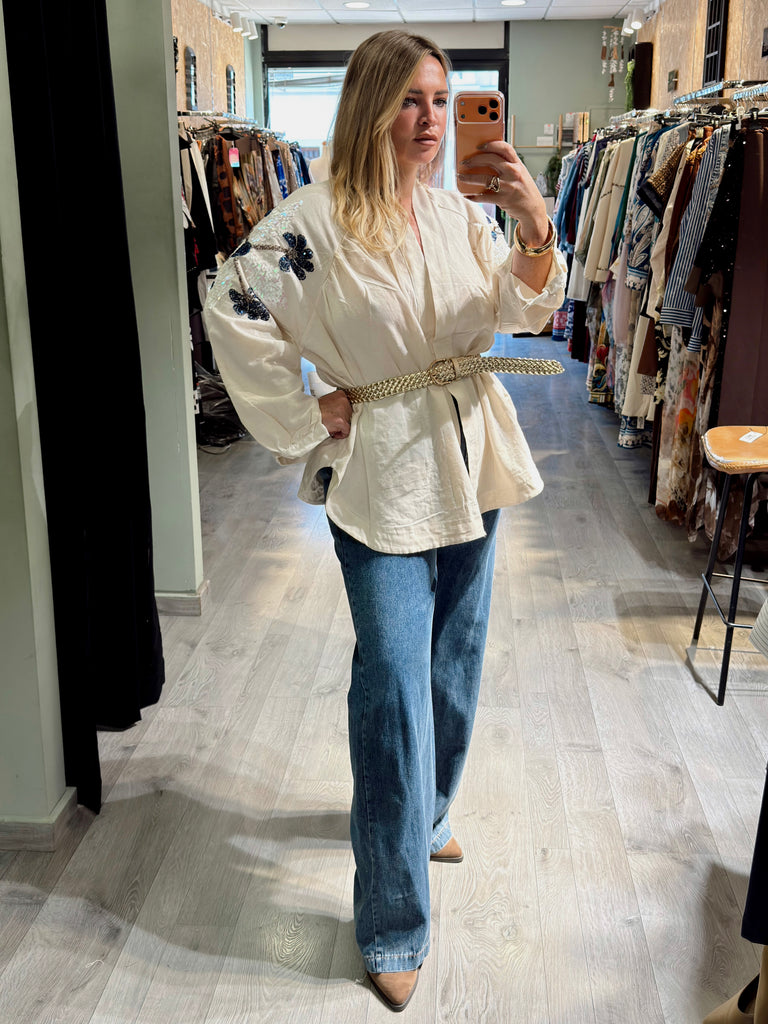 Cream and Navy Sequins Kimono