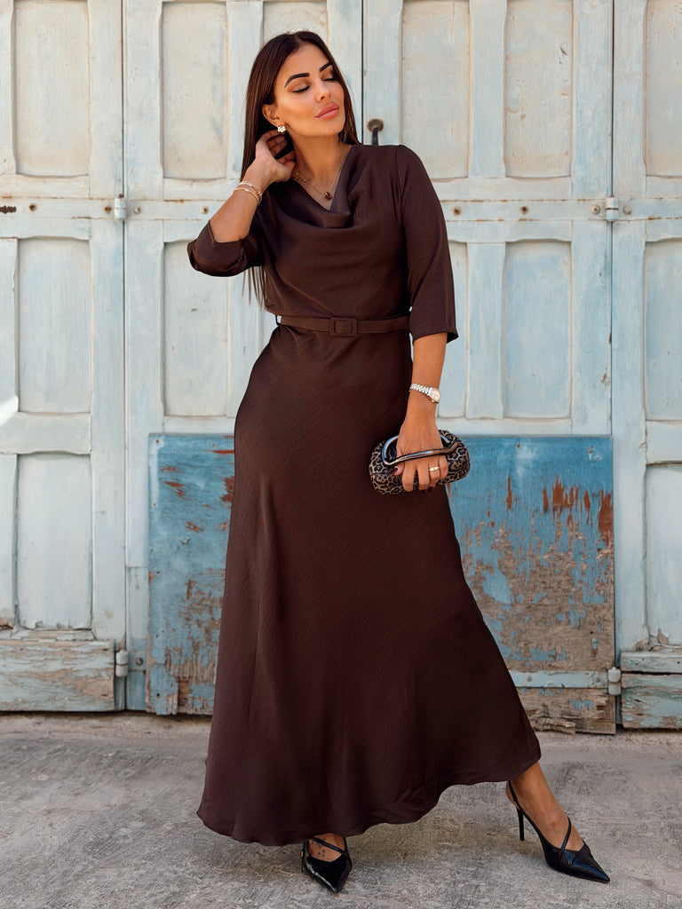 Éloane Belted Silky Satin Maxi Dress - Mocha