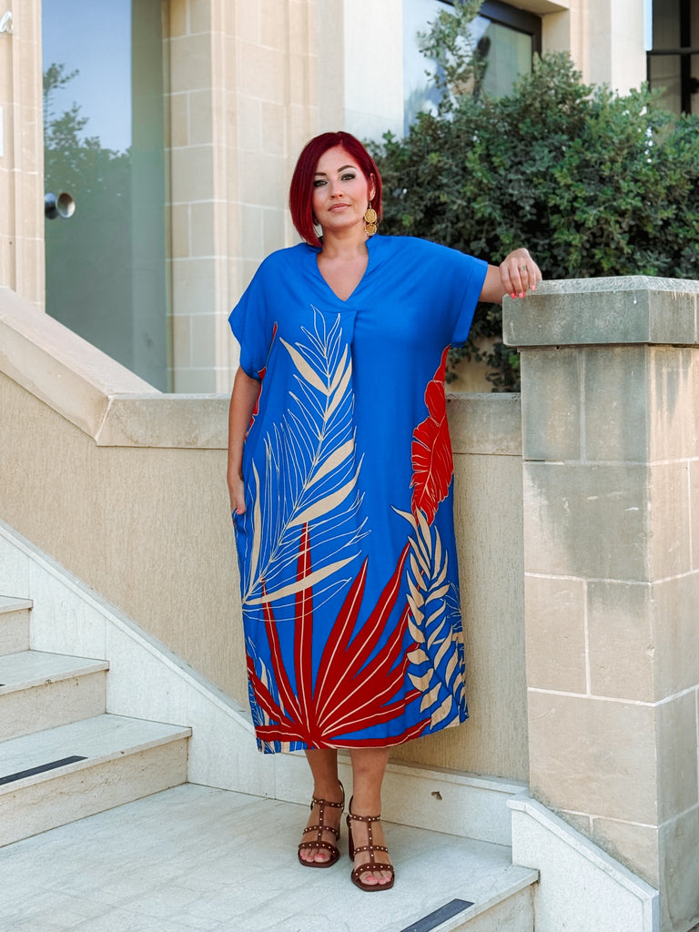 Blue and Red Fern Viscose V Neck Dress