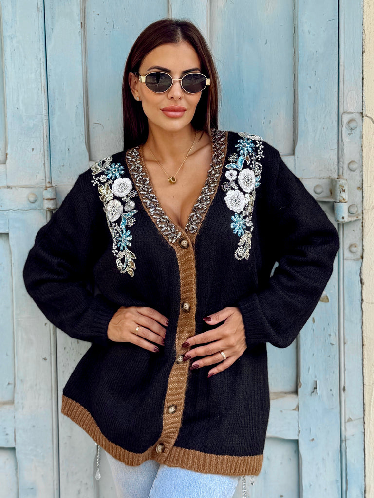 Violette Embellished Floral Cardigan - Black