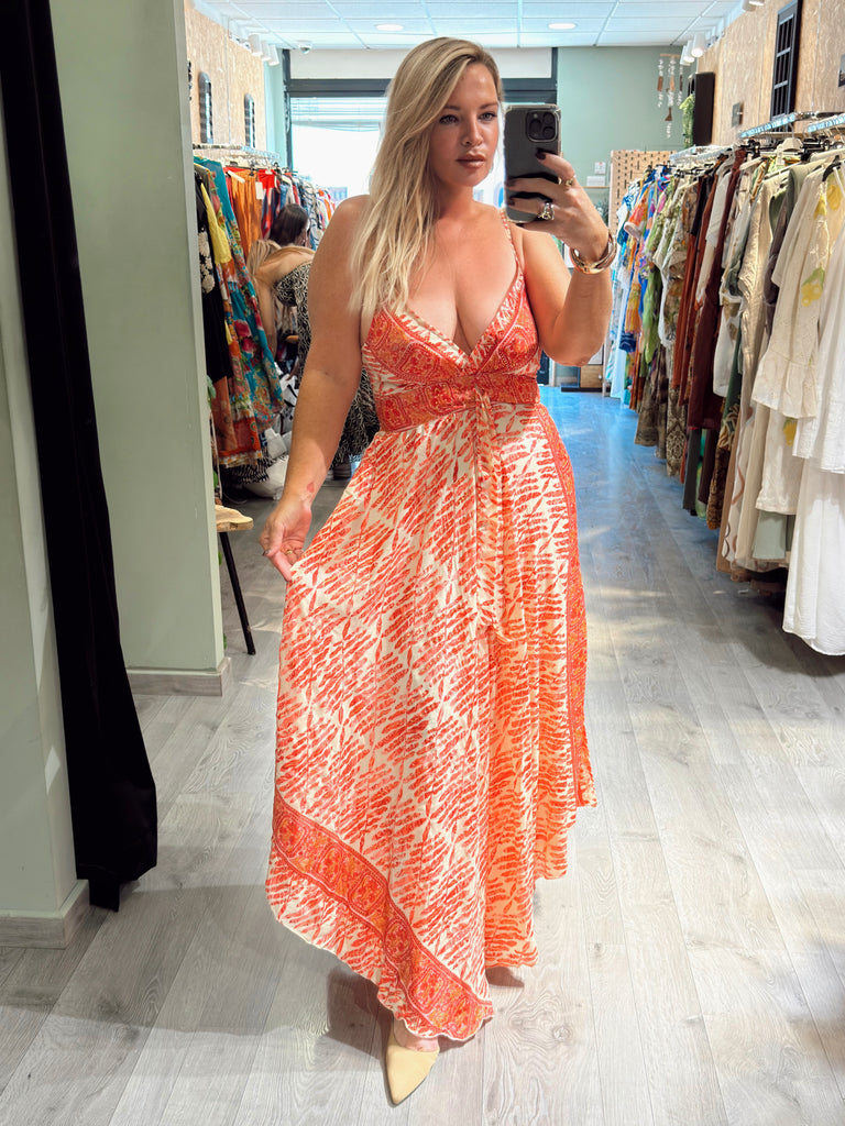 Coral Pink and Gold Strappy Boho Dress